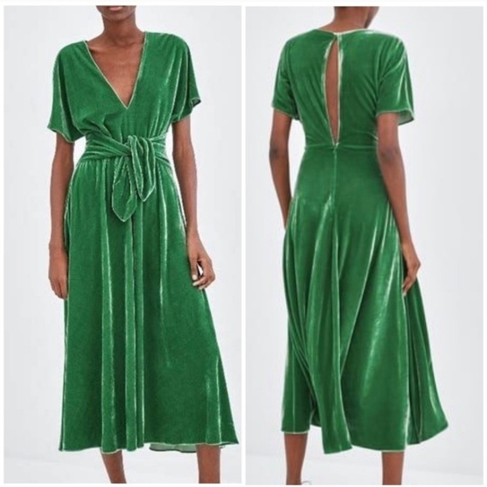 Zara TRF Emerald Green Velvet Midi Dress M V-Neck Tie Waist Keyhole Back Holiday